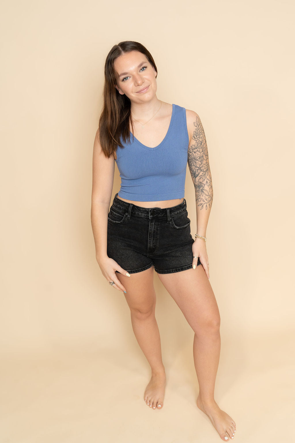 Black denim low rise shorts for women