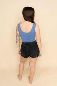 back of women's black denim shorts for summer
