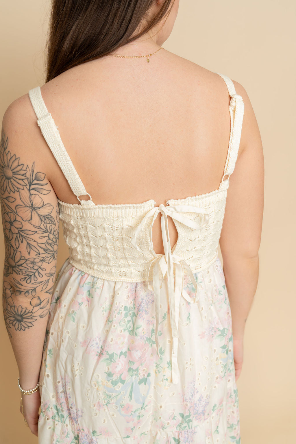 Lace up back on floral crochet maxi dress for women