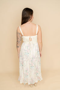 Back of floral and crochet maxi dress for a cute spring women's dress
