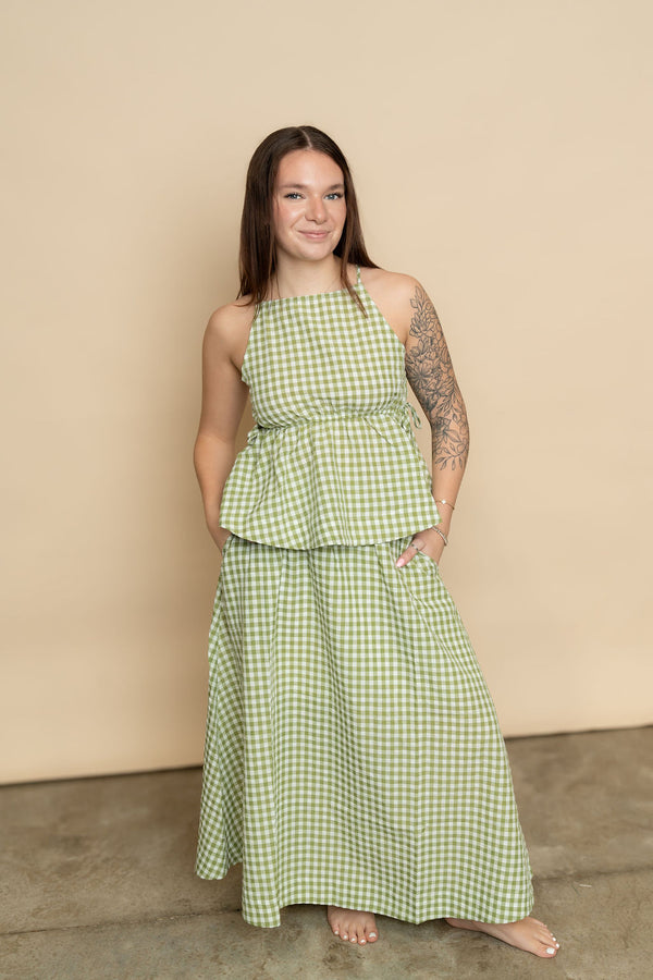 Sage green gingham print maxi skirt pair with matching sage green gingham tank top for a cute casual outfit for spring for women. 