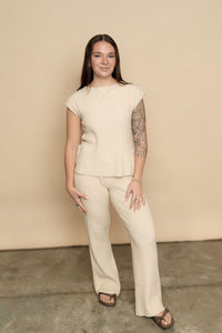 Cream knit lounge pants paired with Harmony knit sweater top for a casual comfortable women's outfit set. 