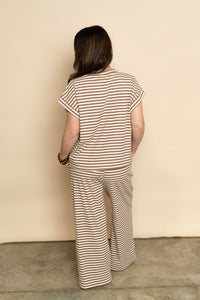 Back of brown and cream striped lounge set for women's comfortable casual outfit. 