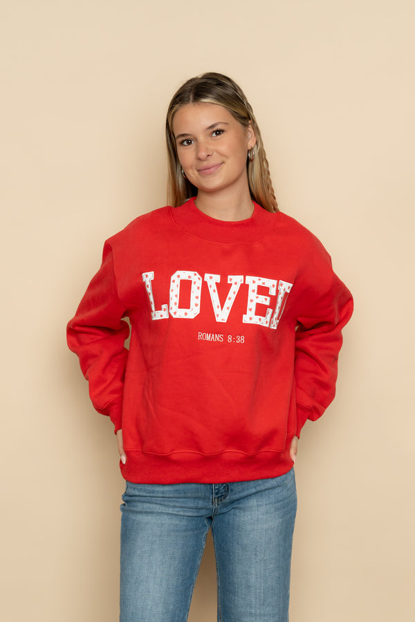 red Christian sweatshirt with loved embroidery Romans 8:38 verse cozy boutique pullover for everyday wear Wild Lavender Boutique