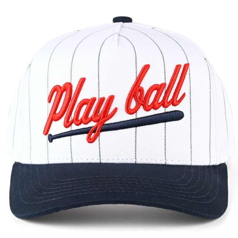 Striped play ball baseball hat. 
