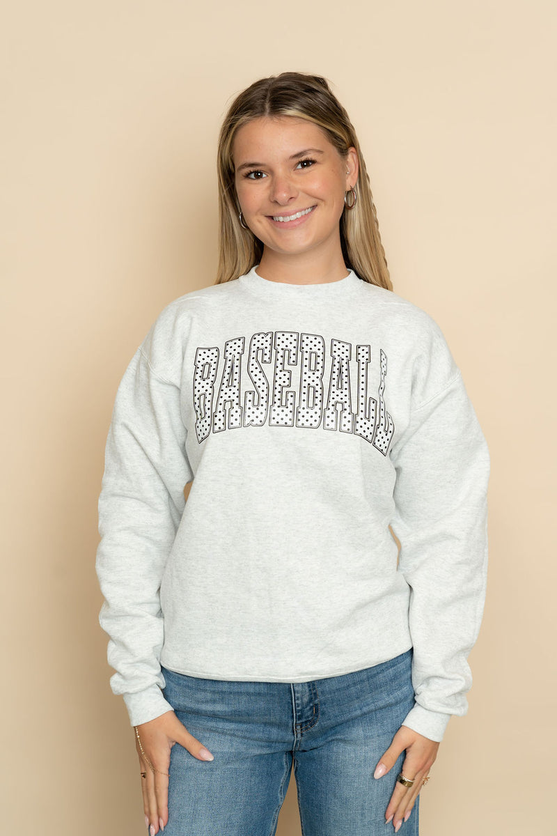 Heather Gray Polka Dot Baseball graphic sweatshirt styled for a casual everyday outfit from Wild Lavender Boutique