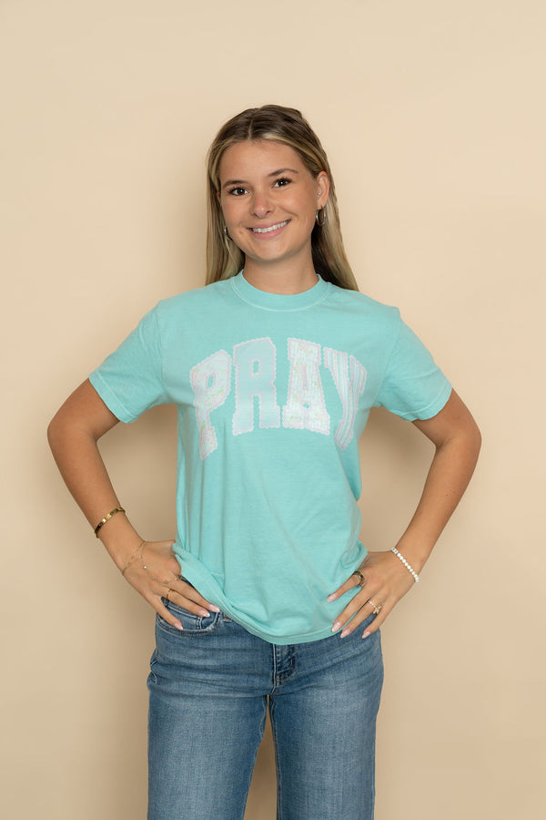 Mint Comfort Color graphic tee with Pray print perfect for a causal everyday outfit.