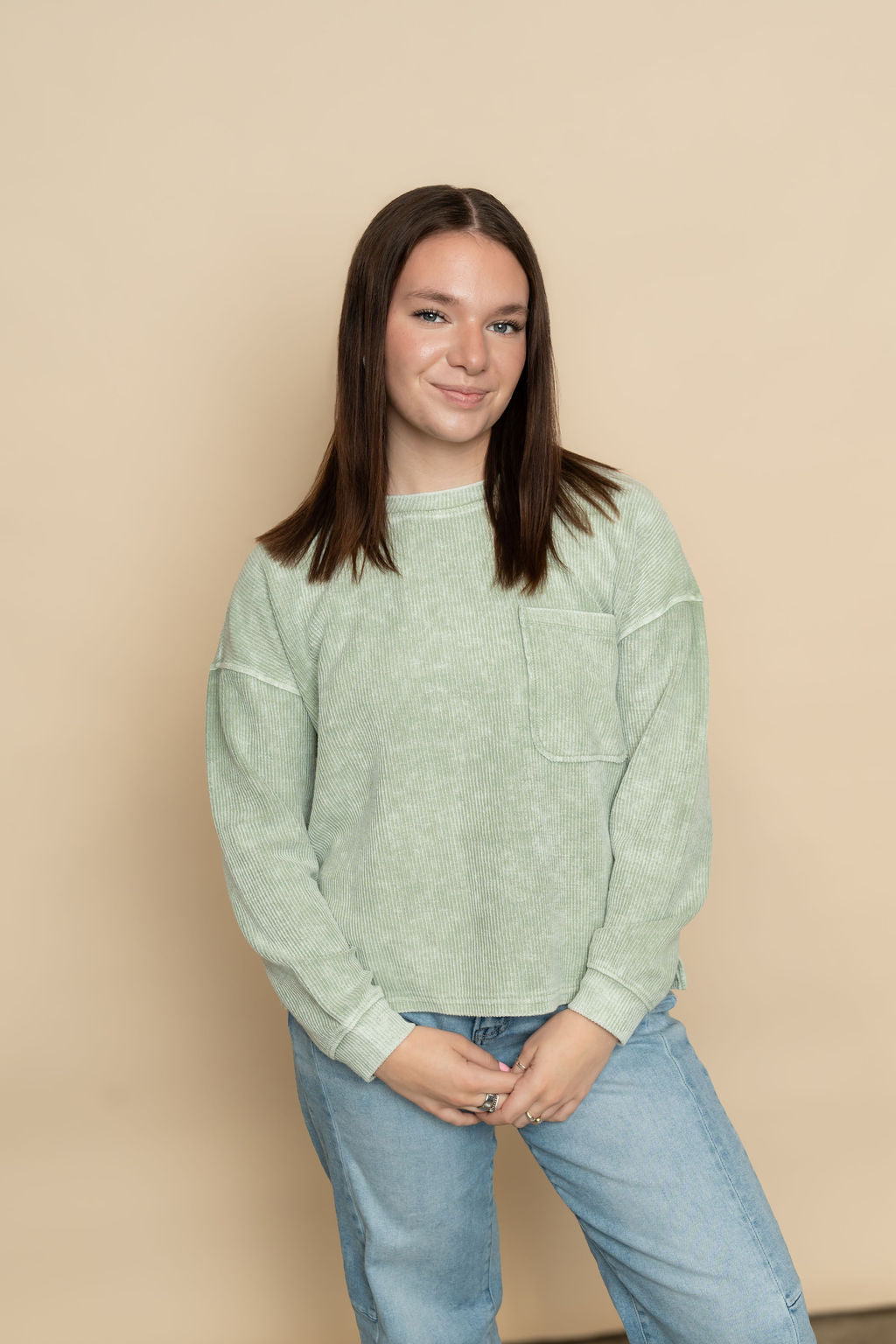 Sage ribbed long sleeve basic top for women. 