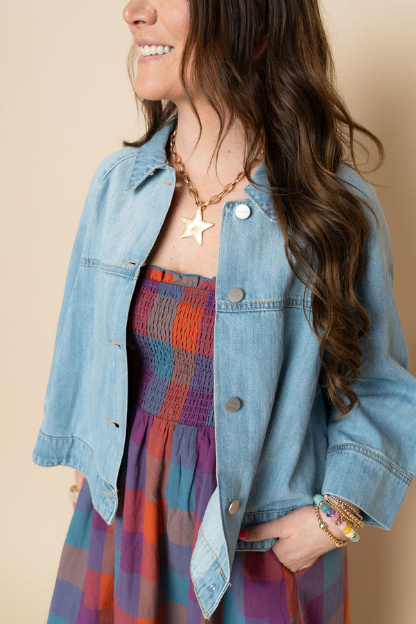 Risen denim cape jacket in light wash for women