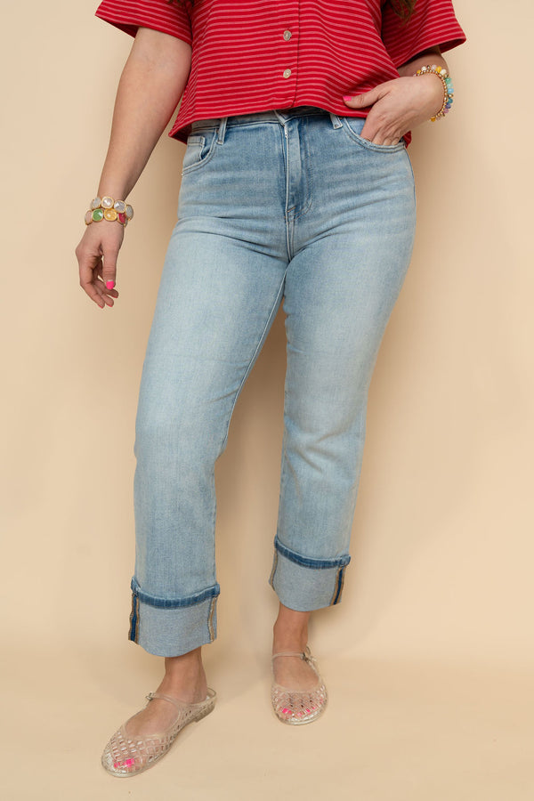Risen light wash cuffed high waist straight leg jeans for women