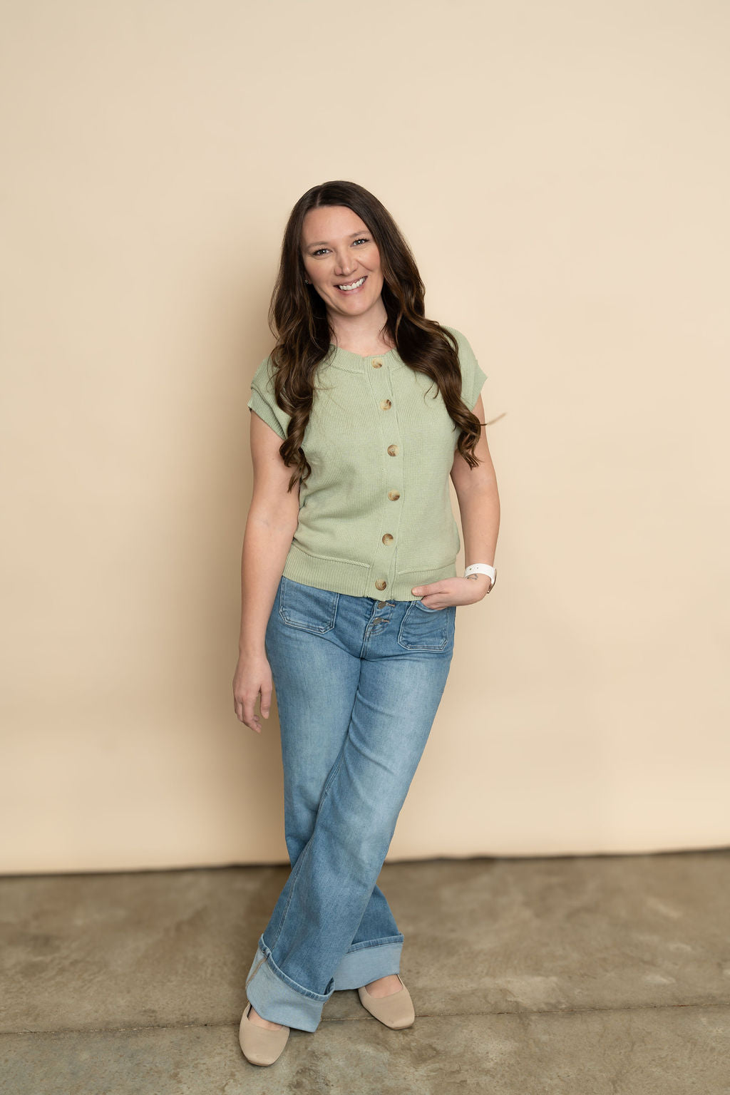 Sage short sleeve knit cardigan sweater paired with Risen cuffed denim jeans for a cute casual outfit for women. 