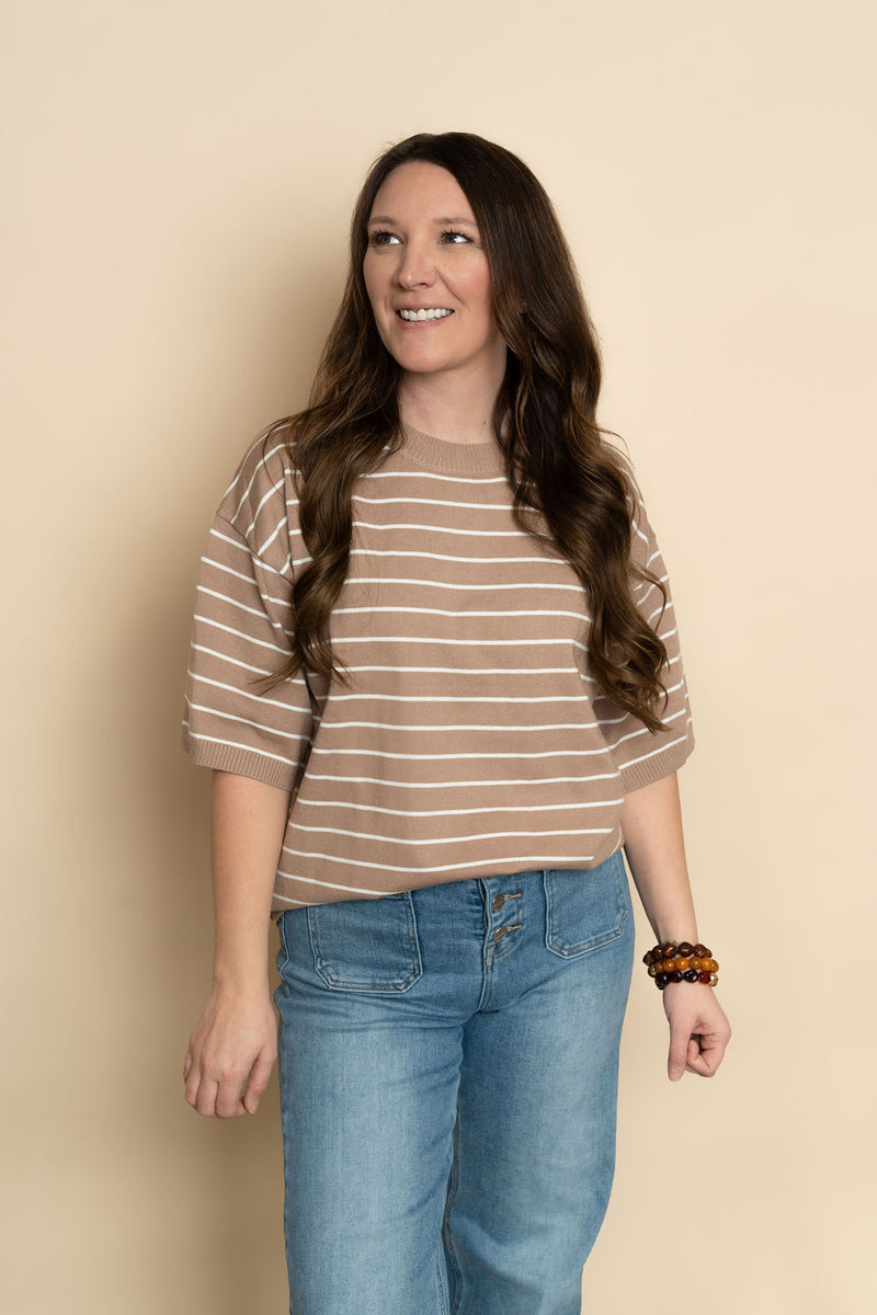 Mocha brown short sleeve striped sweater top for women. 