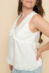 White v-neck lace tank top for women
