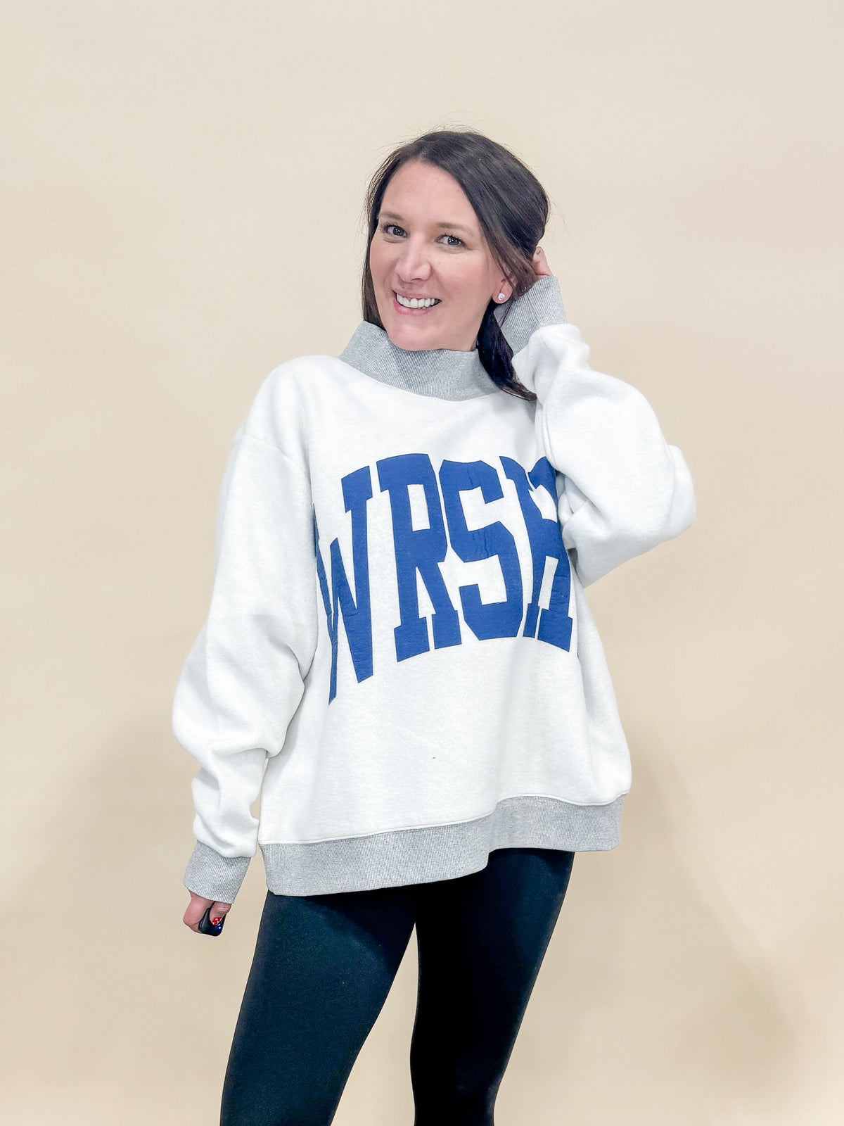 Heather gray reversible worship and polka dot mock neck sweater perfect for a cozy comfortable outfit. 