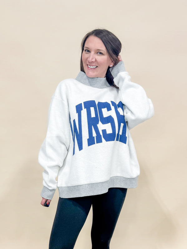 Heather gray reversible worship and polka dot mock neck sweater perfect for a cozy comfortable outfit. 