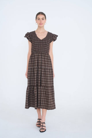 Saylor Plaid Neck Midi Dress - Brown