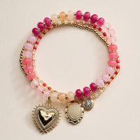 Beaded Heart Charm Stretch Bracelet Set