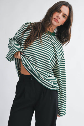 Frankie Oversized Stripe Long Sleeve Top - Green