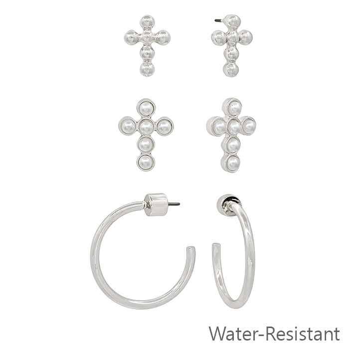 Set of 3 Silver Cross, Hoop, and Pearl Cross Earrings