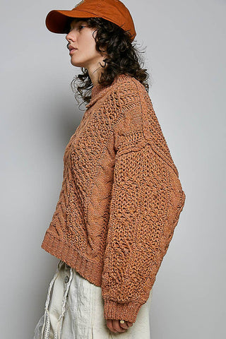Genesis Mock Neck Balloon Sleeve Cable Knit Pullover Sweater - Cream