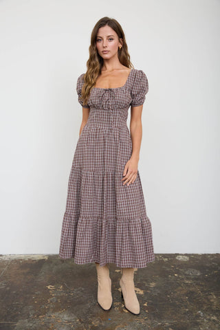 Penelope Plaid Midi Dress - Brown