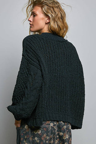 Genesis Mock Neck Balloon Sleeve Cable Knit Pullover Sweater - Cream