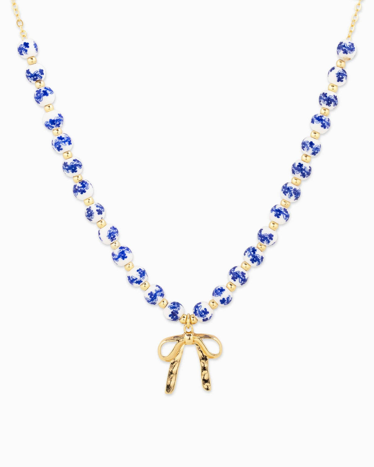 Ceramic Blue Bead Bow Pendant Necklace