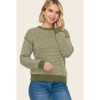 Tory Two Toned Waffle Knit Striped Sweater - Matcha