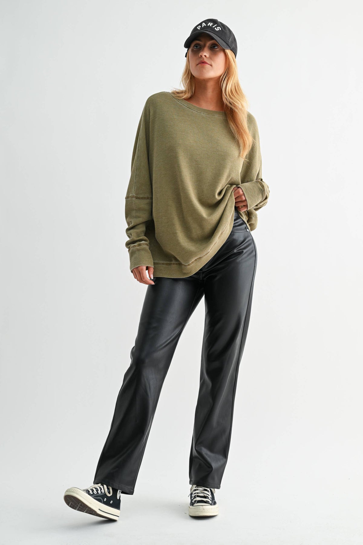 Waffle Ribbed Roundneck Pullover
