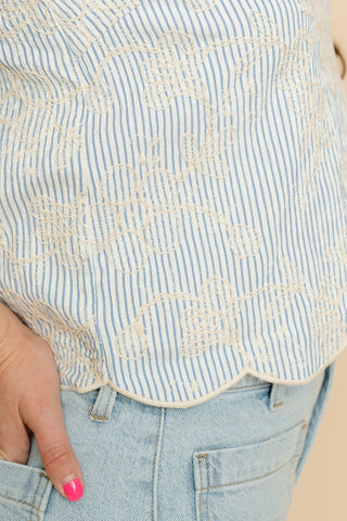 Barker Striped Embroidered Scalloped Tank Top - Blue - Wild Lavender Boutique