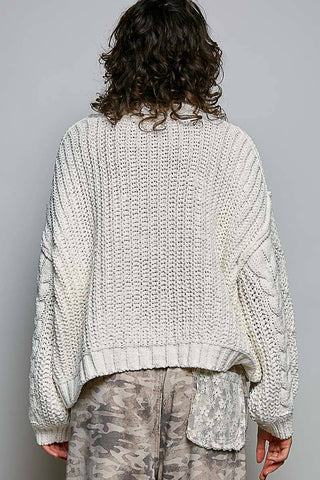 Genesis Mock Neck Balloon Sleeve Cable Knit Pullover Sweater - Cream