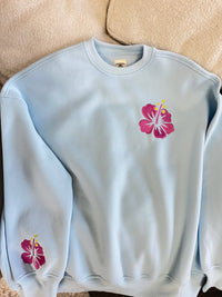 Icy Blue Hibiscus Flower Beach Babe Embroider Sweatshirt