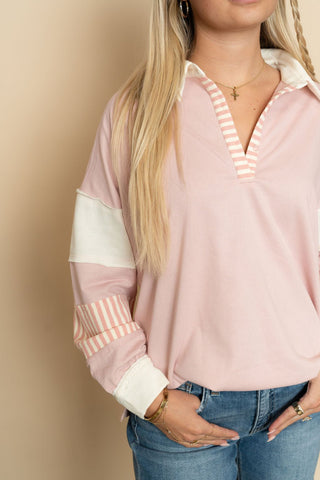 Bindy Mixed Media Print Blocked Knit Rugby Shirt - Wild Lavender Boutique