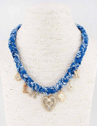 Blue Braided Scarf Necklace with Heart, Bow, and Boot Charms - Wild Lavender Boutique