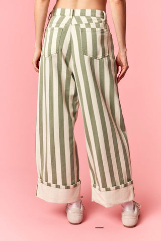 Braxton Striped Barrel Pants - Olive - Wild Lavender Boutique