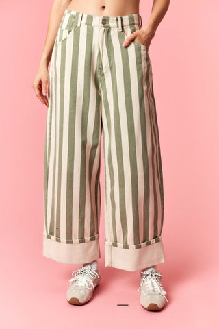 Braxton Striped Barrel Pants - Olive - Wild Lavender Boutique