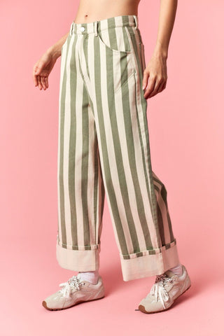 Braxton Striped Barrel Pants - Olive - Wild Lavender Boutique
