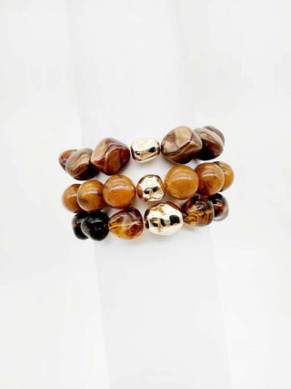 Brown Natural Stone and Gold Set of 3 Stretch Bracelets - Wild Lavender Boutique