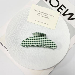 Minimalist Green White Gingham Check Hair Claw