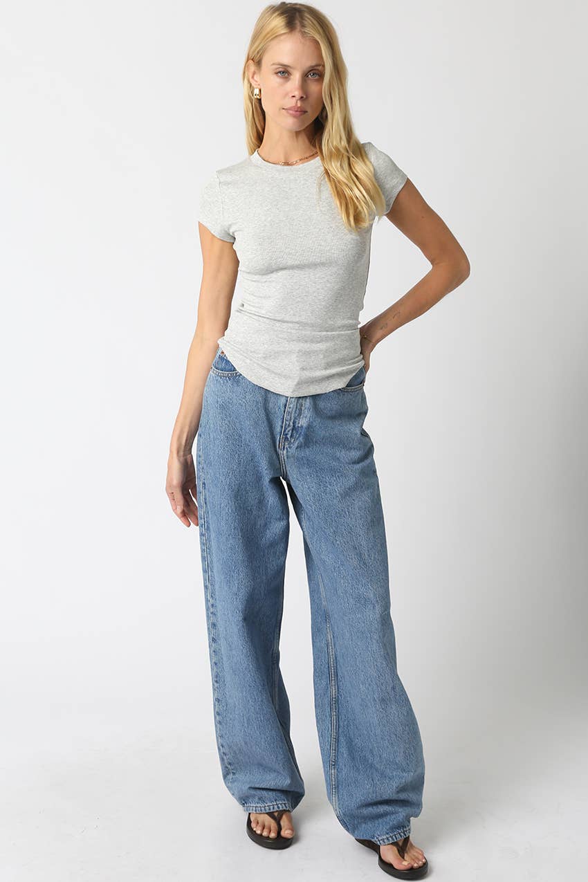 Serena Ribbed Cap Sleeve Top - Heather Gray