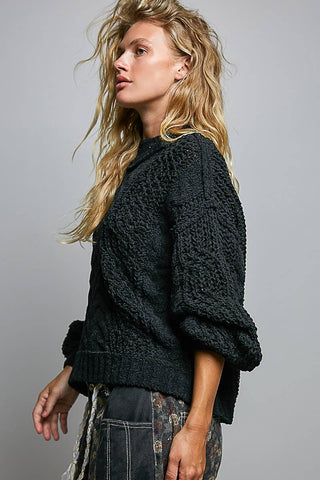 Genesis Mock Neck Balloon Sleeve Cable Knit Pullover Sweater - Cream