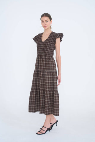Saylor Plaid Neck Midi Dress - Brown