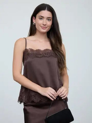 Callie Lace Trim Satin Tank - Brown - Wild Lavender Boutique
