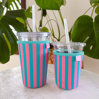 Coffee Cup Cover - Pink & Blue Stripes - Iced Drink Sleeve - Wild Lavender Boutique