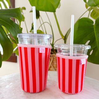 Coffee Cup Cover - Pink & Red Stripes - Iced Drink Sleeve - Wild Lavender Boutique