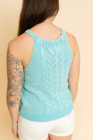 Colette Washed Cable Knit Tank Top - Aqua - Wild Lavender Boutique