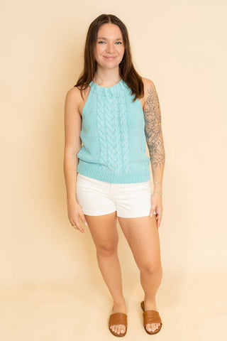Colette Washed Cable Knit Tank Top - Aqua - Wild Lavender Boutique