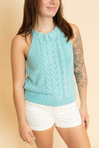 Colette Washed Cable Knit Tank Top - Aqua - Wild Lavender Boutique