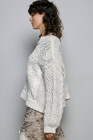 Genesis Mock Neck Balloon Sleeve Cable Knit Pullover Sweater - Cream