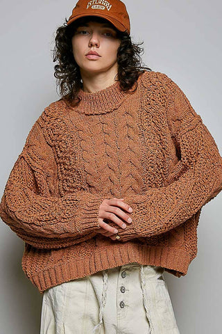 Genesis Mock Neck Balloon Sleeve Cable Knit Pullover Sweater - Cream